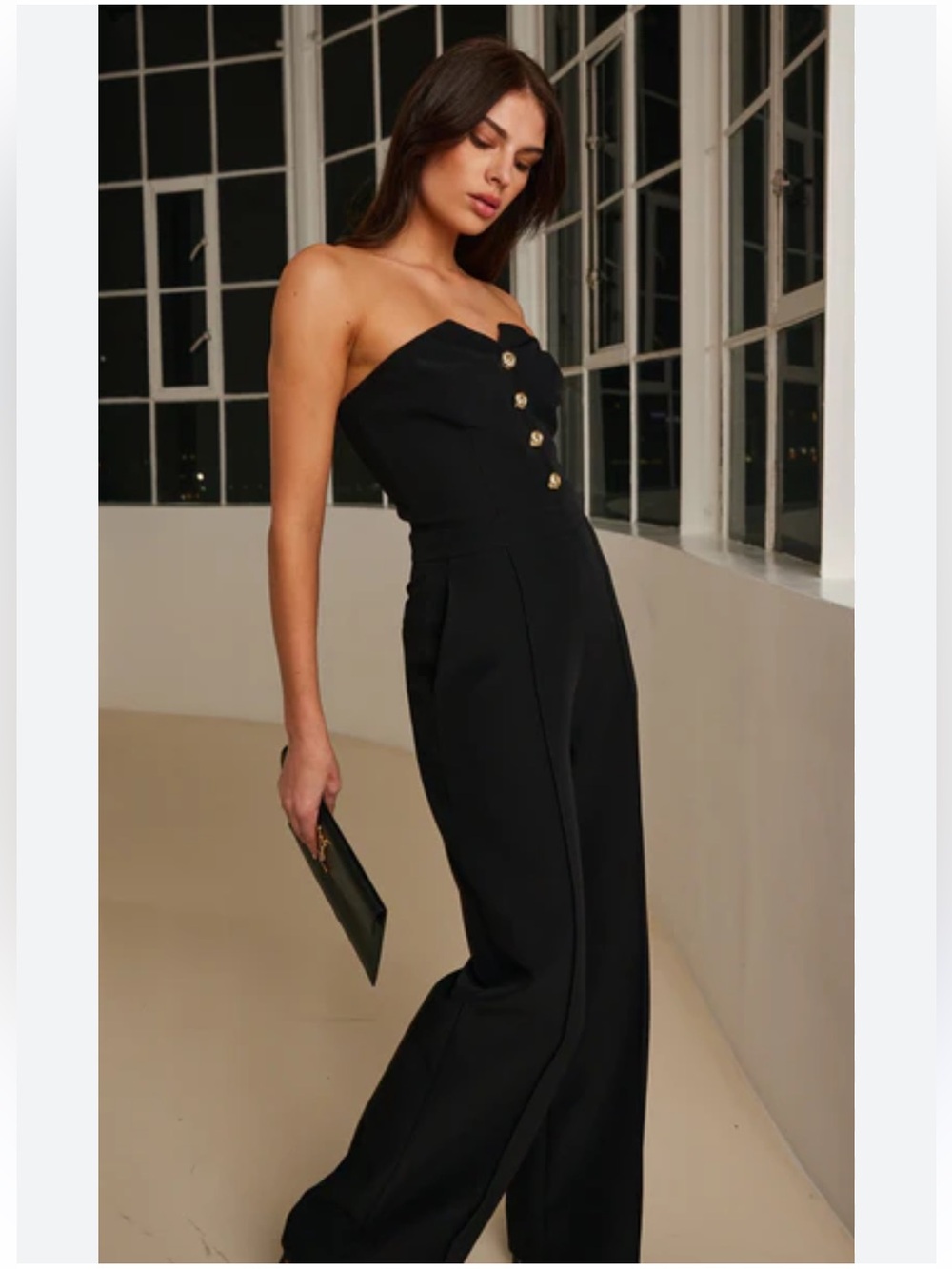 GENERATION LOVE Strapless Black Wide-Leg Jumpsuit with Gold Buttons